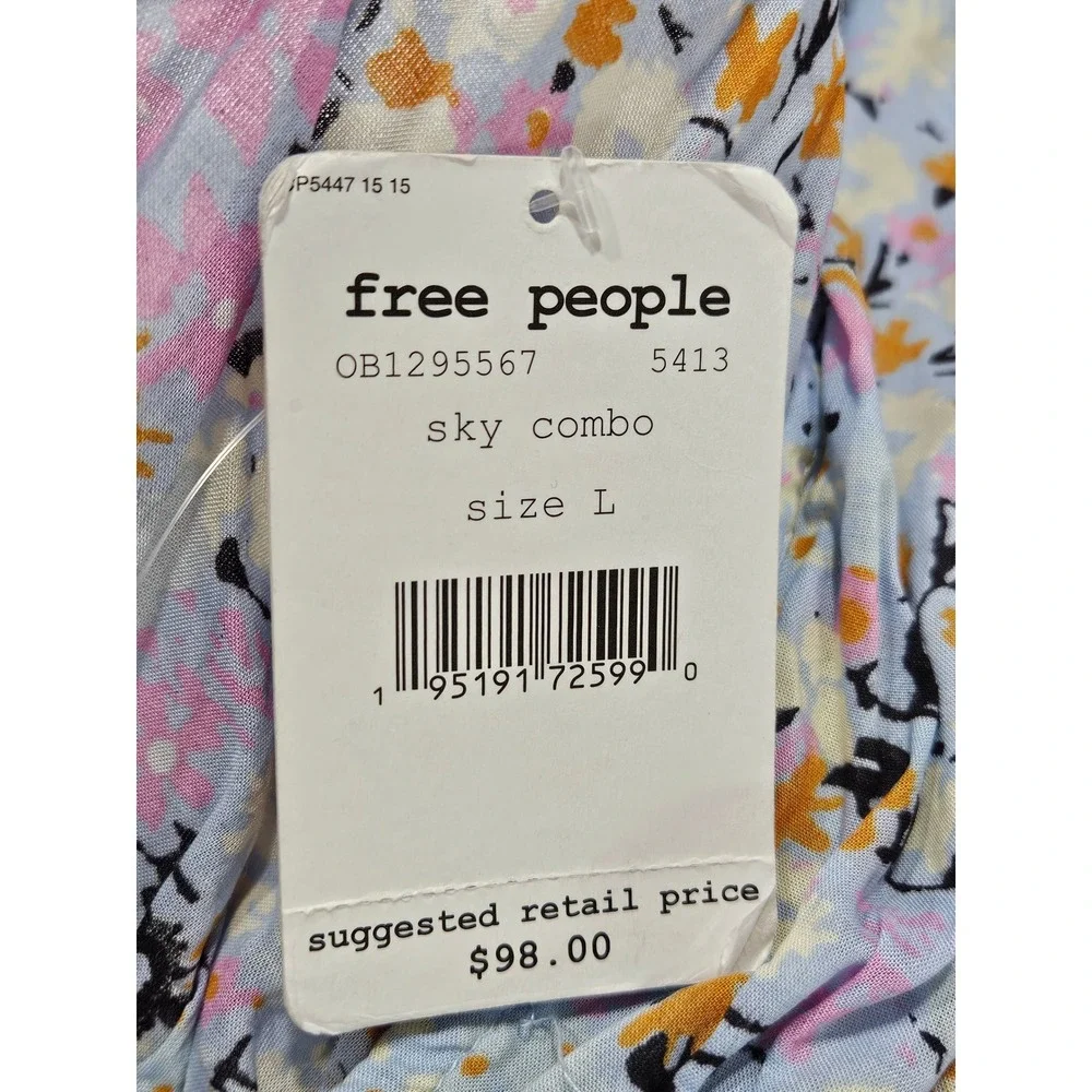 Free People Sky Combo Floral Ruffle V-Neck Smocked Crop Top OB1295567‎ Large NEW